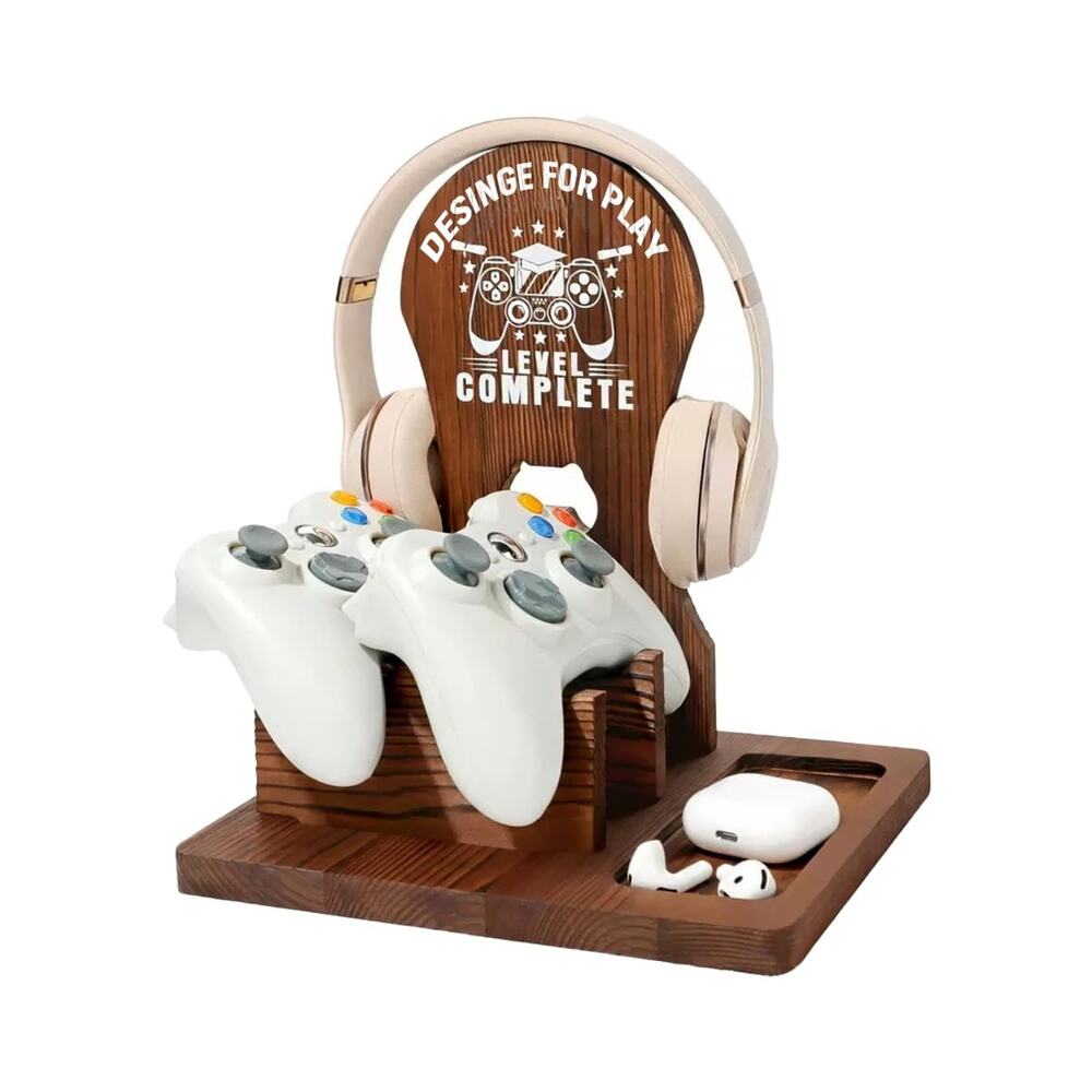 Gaming Controller Headphone Stand Wooden Desktop Storage Organizer Display